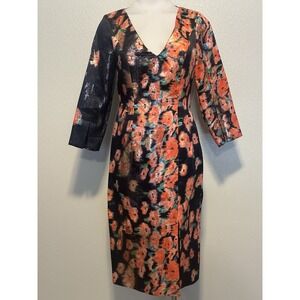 Anja Gockel Collection Germany Watercolor Floral Shimmer Midi Sheath Dress 34/6